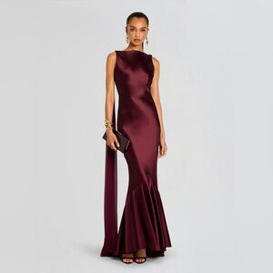 Retrofete Julia Port Burgundy Red Backless Satin Dress